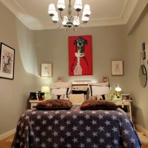 El dormitorio, sereno y elegante, está presidido por un galgo rojo pintado por Pedro Lindez. Los retratos personalizados y un espejo centenario completan el espacio con carácter íntimo.