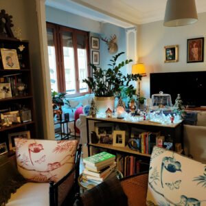 Vista general del salón, donde las plantas, las texturas y la luz natural se entremezclan con piezas clásicas y guiños modernos. “Es mi rincón favorito para leer los cómics del mes”, dice.